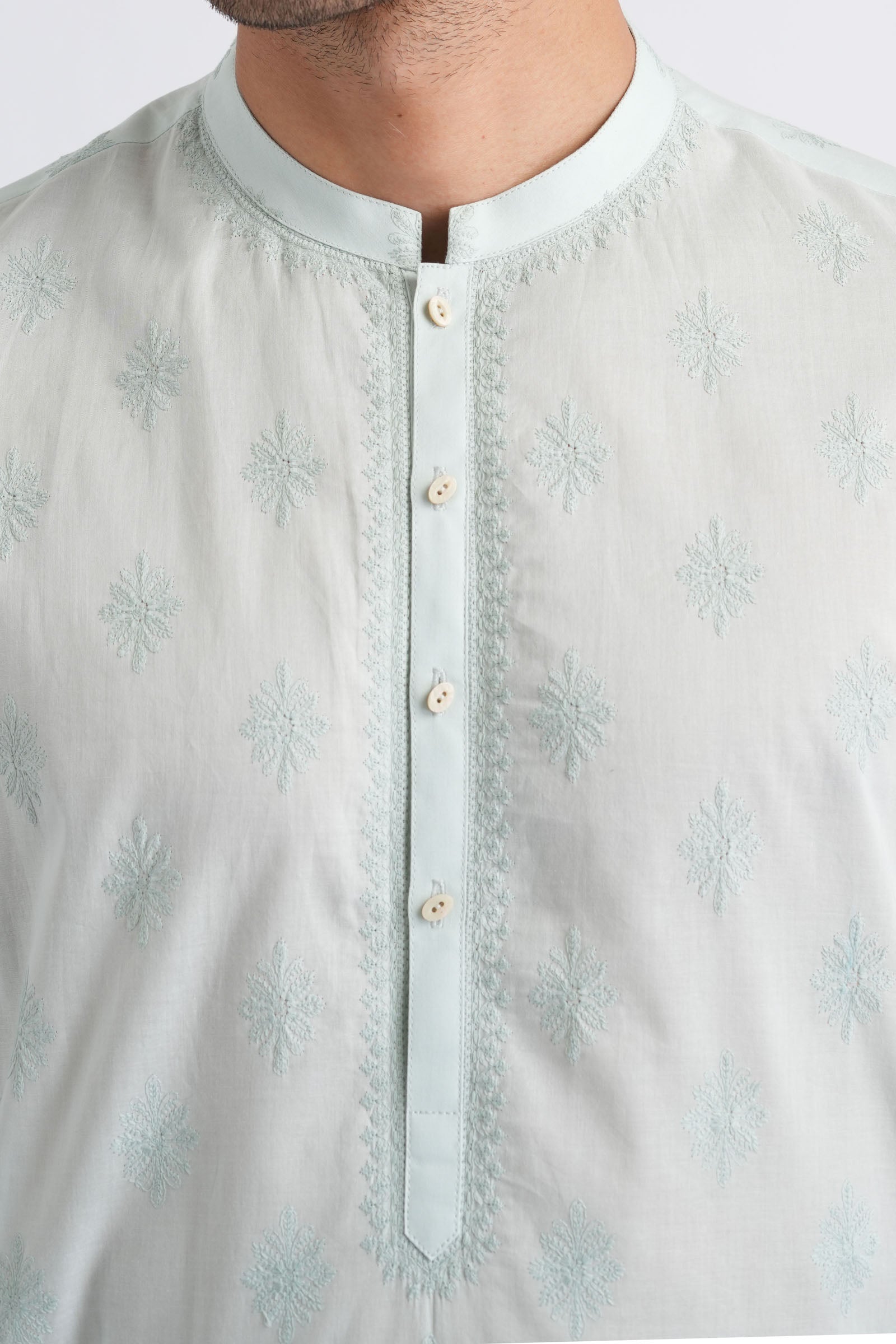 Mint Green Embroidered Egyptian Cotton Kurta (2-Piece) - Image 2