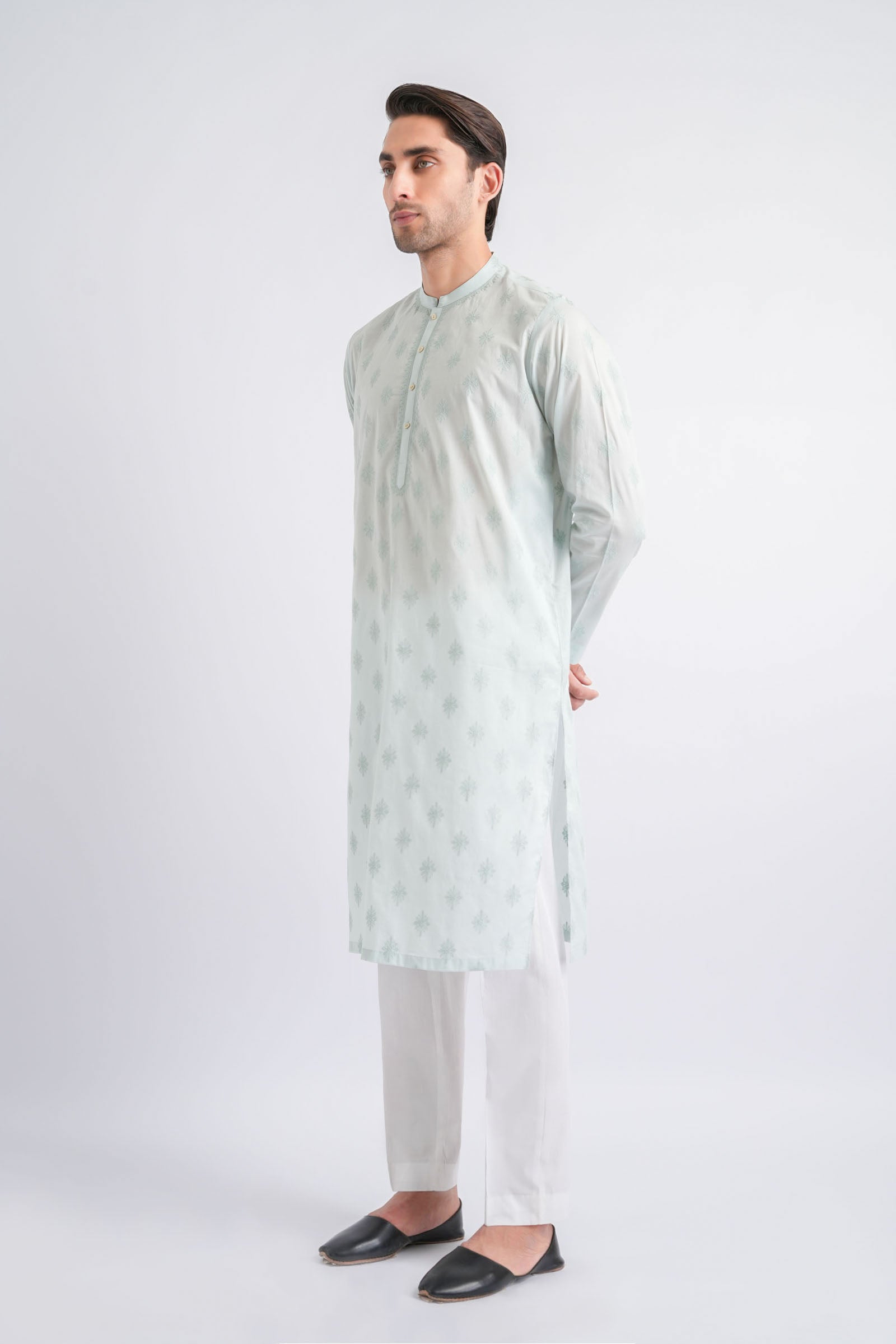 Mint Green Embroidered Egyptian Cotton Kurta (2-Piece) - Image 3