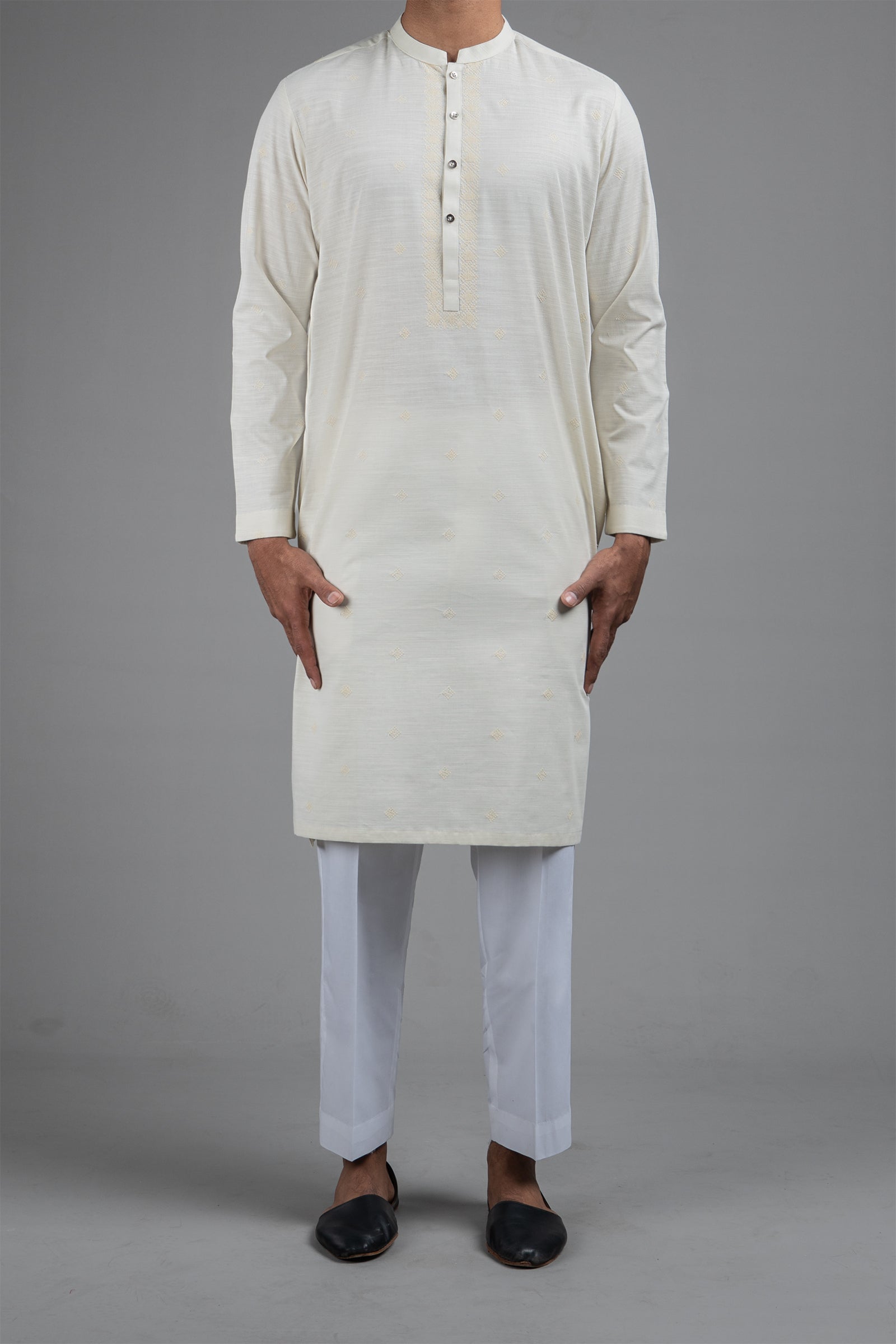 Light Green Embroidered Egyptian Cotton Kurta (1-Pc) - Image 2
