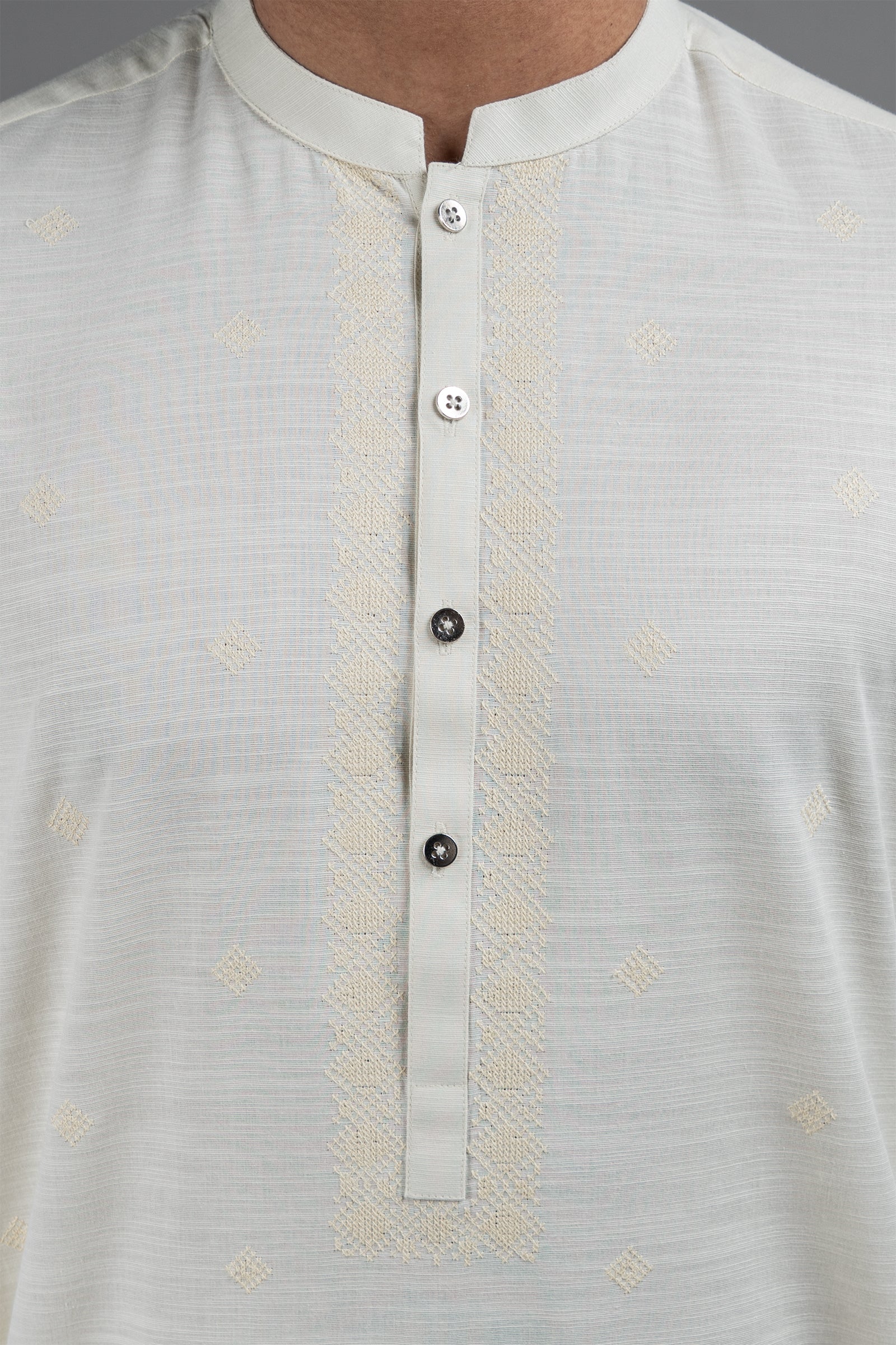 Light Green Embroidered Egyptian Cotton Kurta (1-Pc) - Image 3