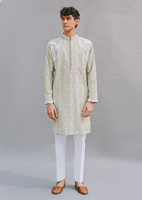 Pistachio Green Embroidered Karandi Kurta (2-Piece) - Image 1