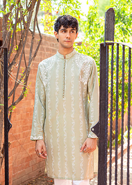 Pistachio Green Embroidered Karandi Kurta (2-Piece) - Image 2