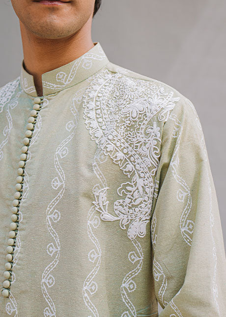 Pistachio Green Embroidered Karandi Kurta (2-Piece) - Image 3