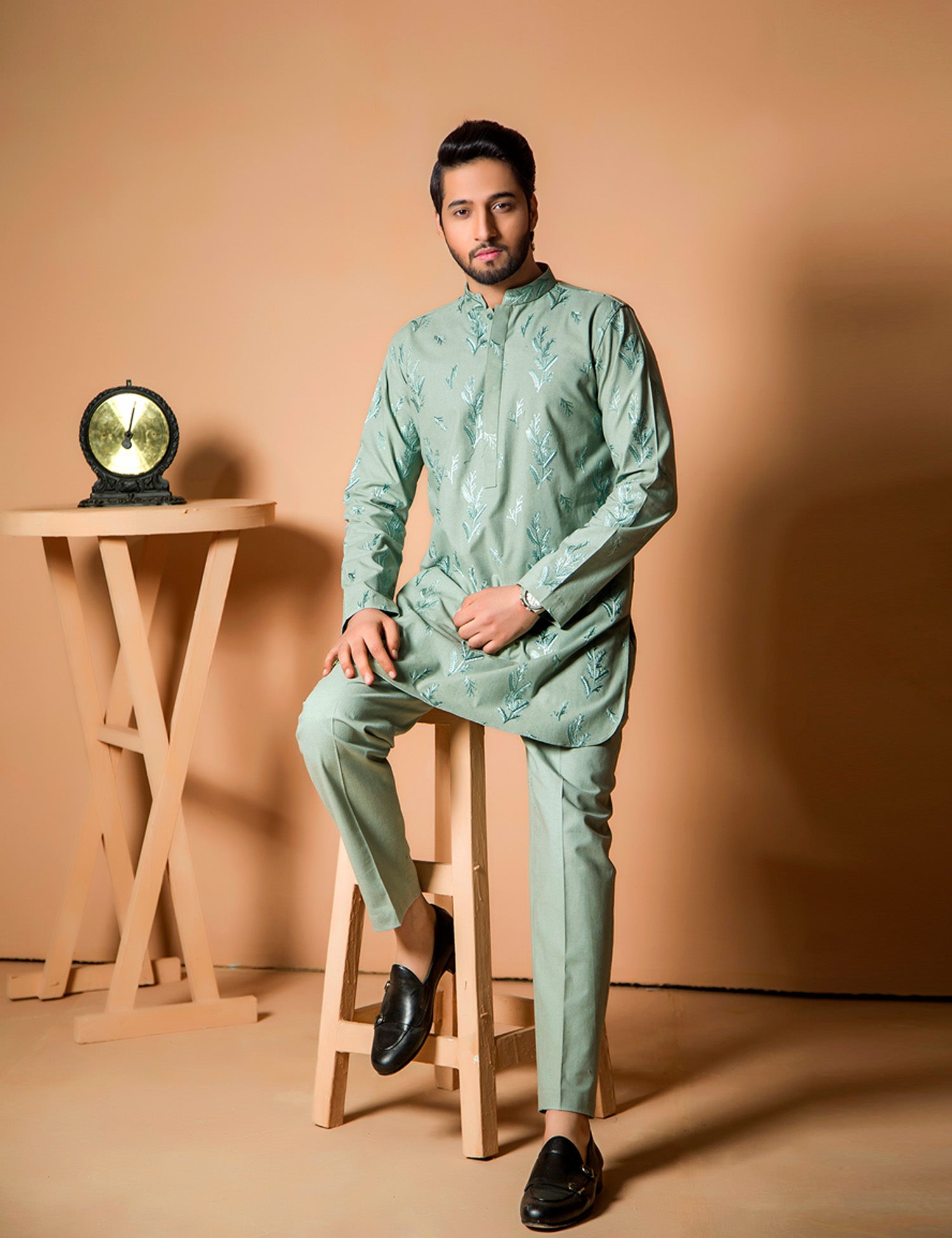 Light Green Embroidered Karandi Kurta Set (2-Piece) - Image 2