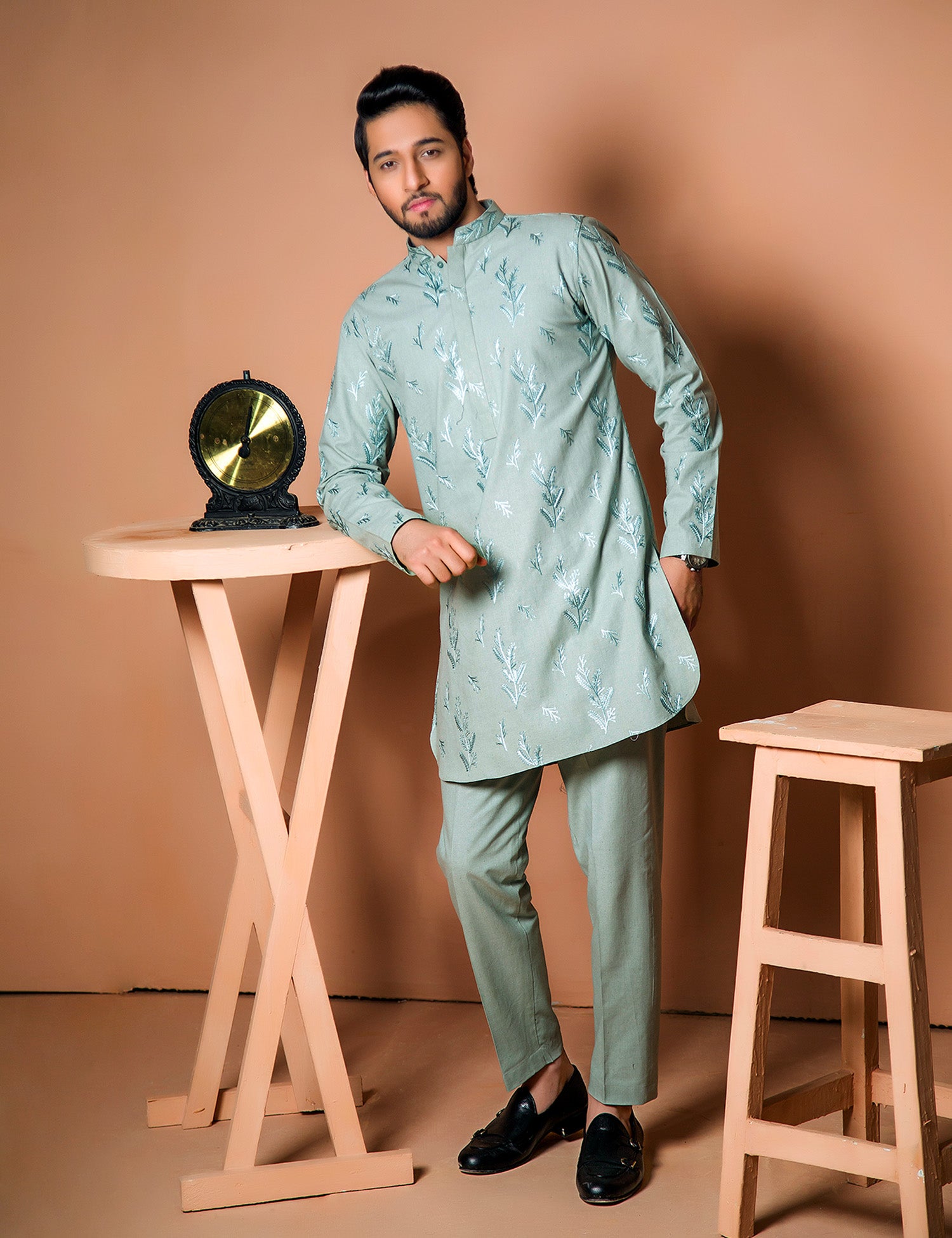 Light Green Embroidered Karandi Kurta Set (2-Piece) - Image 3