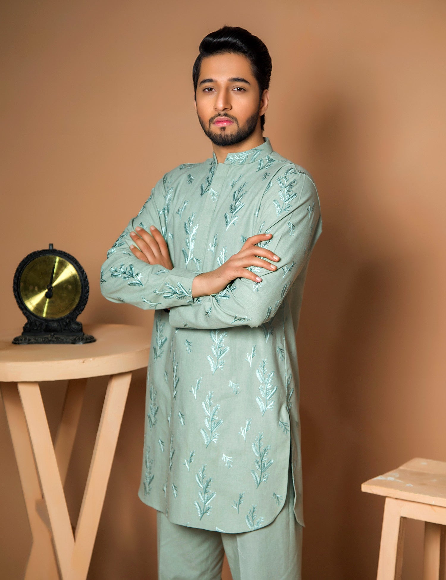Light Green Embroidered Karandi Kurta Set (2-Piece) - Image 4