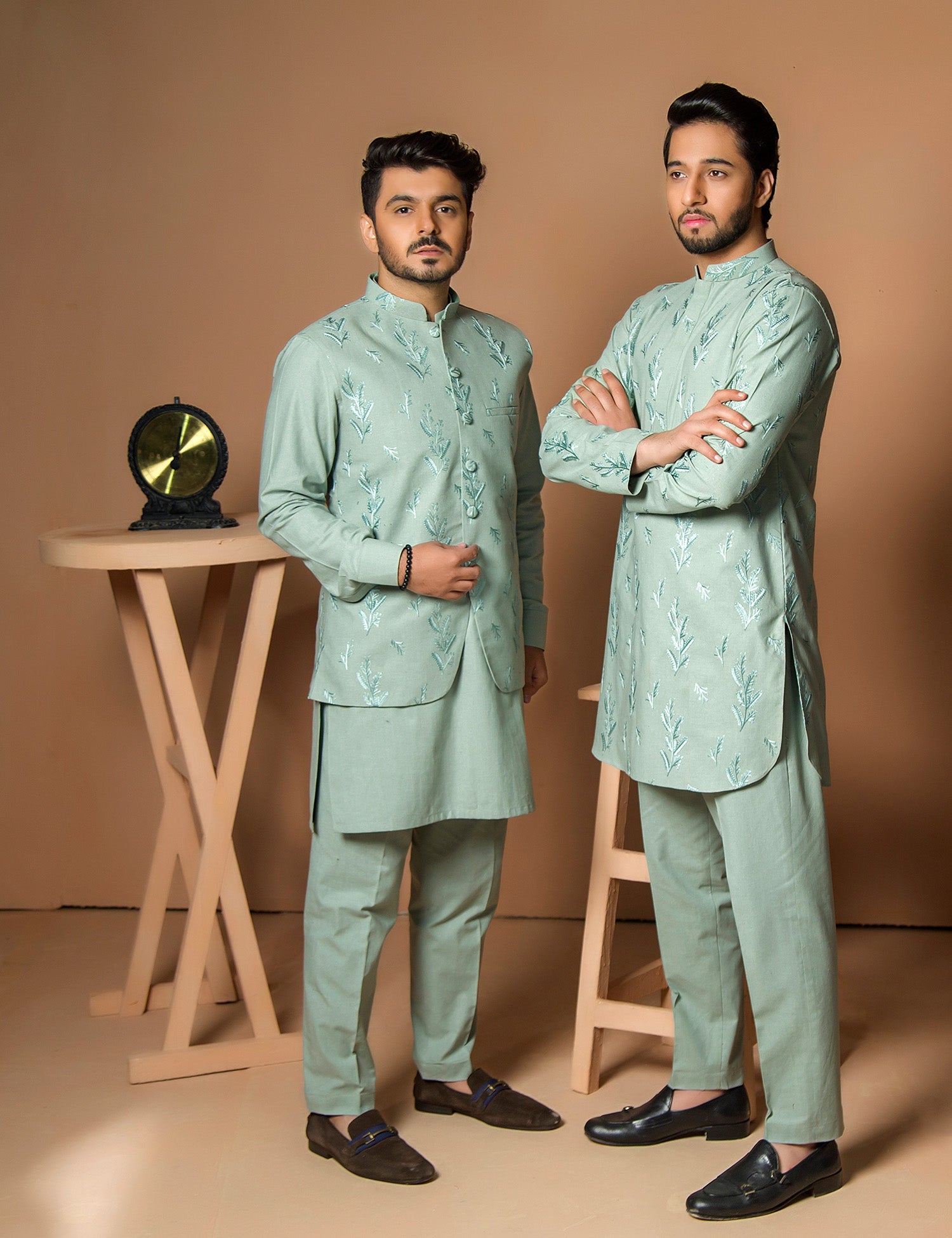 Light Green Embroidered Karandi Kurta Set (2-Piece) - Image 5