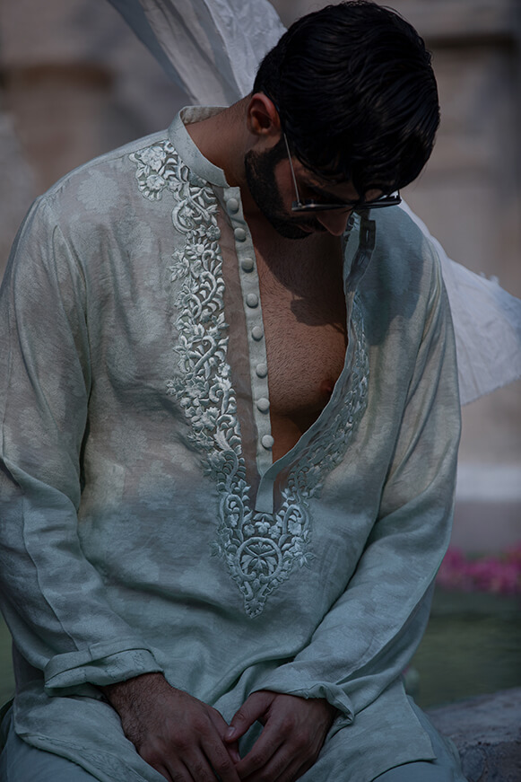 Mint Green Thread Embroidered Khaddi Cotton Kurta (2-Piece) - Image 3