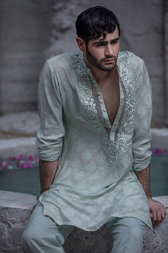 Mint Green Thread Embroidered Khaddi Cotton Kurta (2-Piece) - Image 7