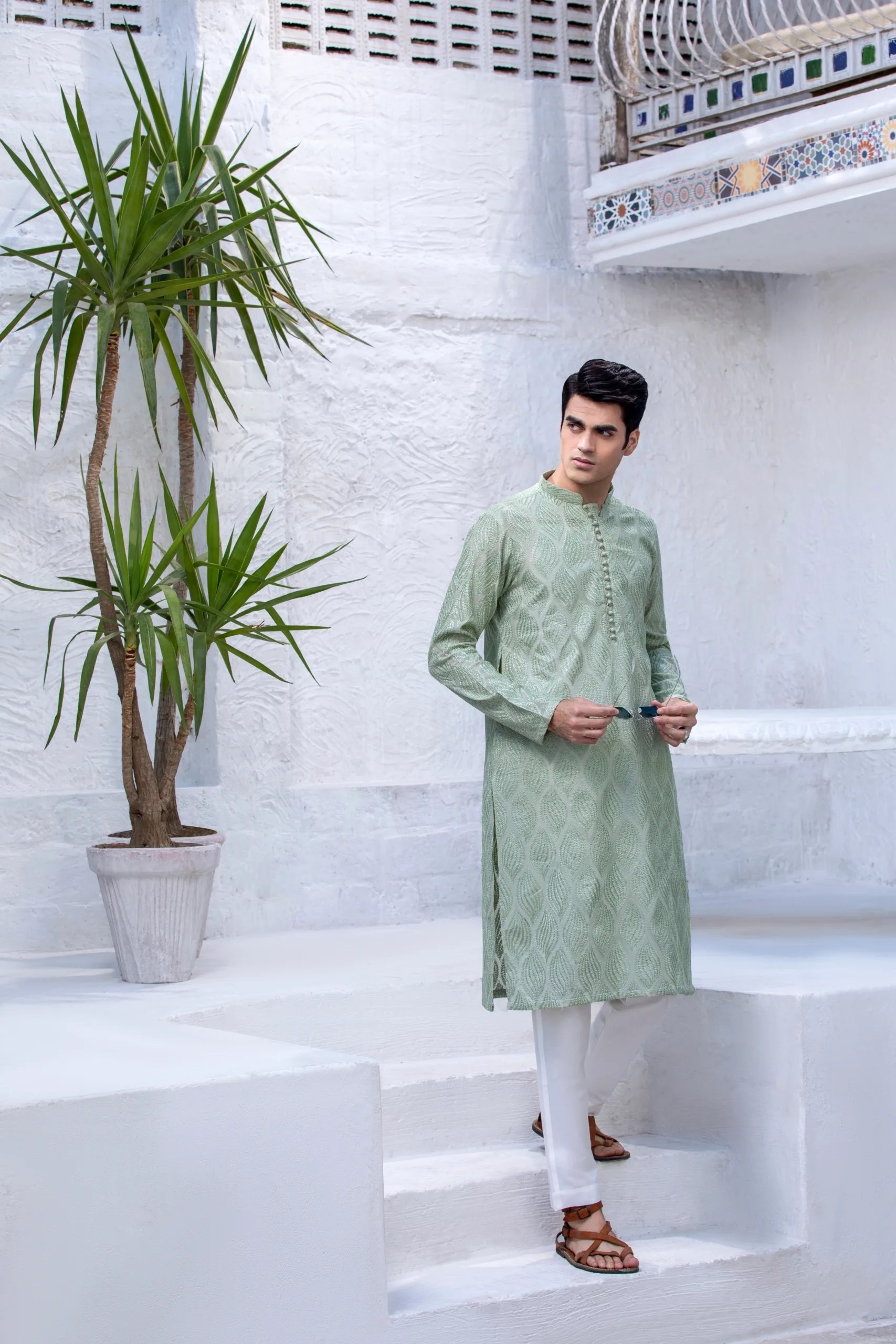 Sea Green Embroidered Premium Fabric Kurta (2-Piece) - Image 2