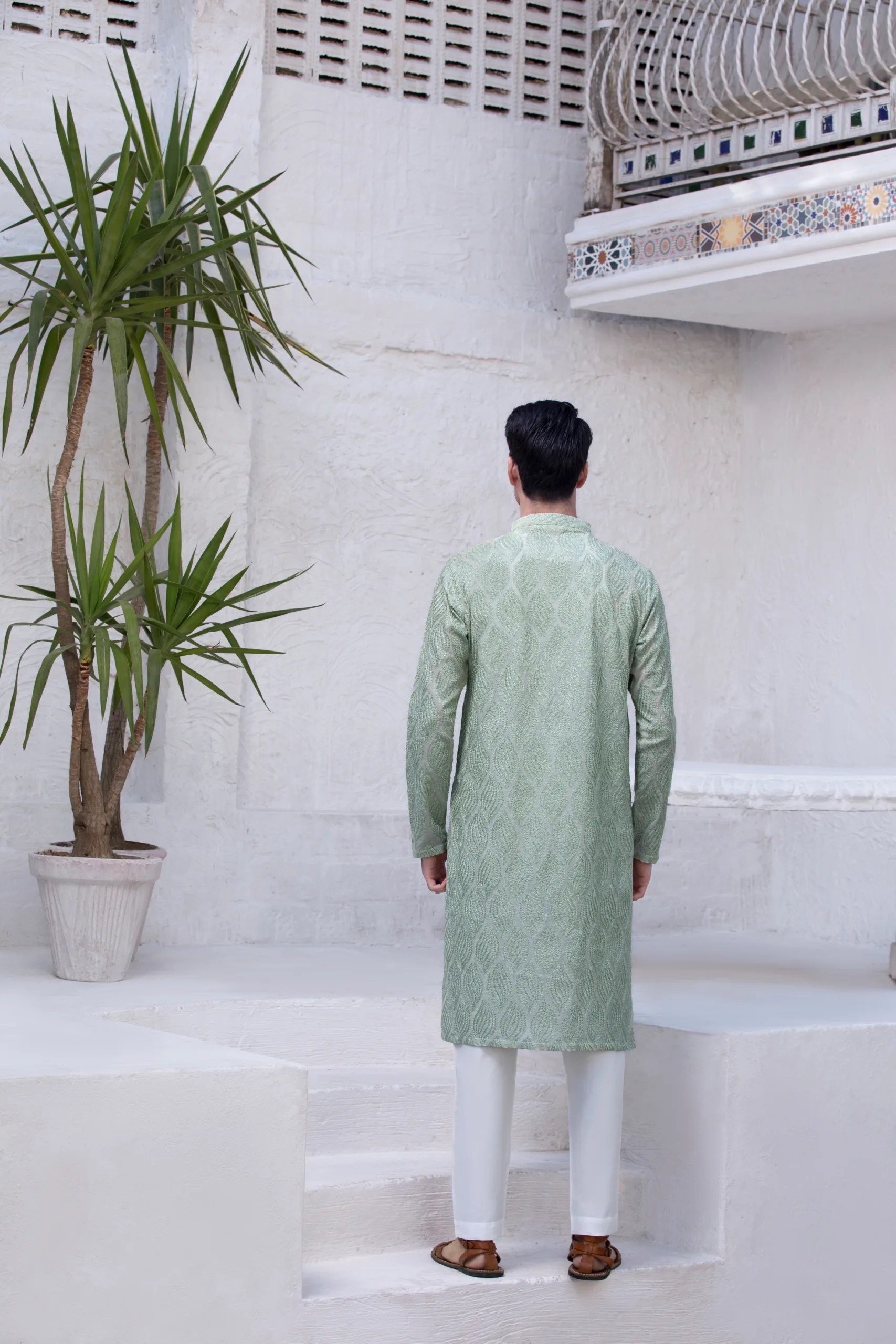 Sea Green Embroidered Premium Fabric Kurta (2-Piece) - Image 3