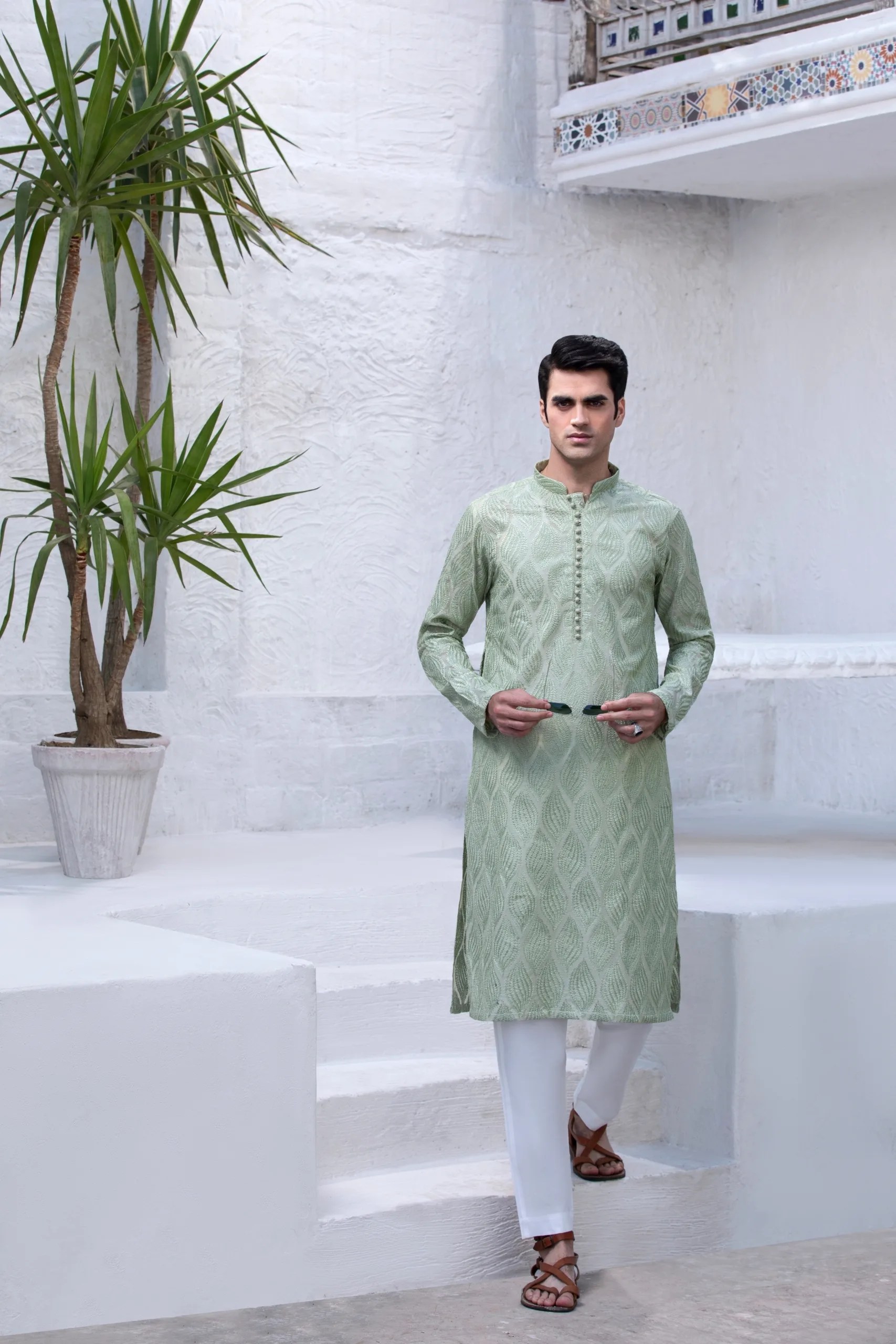 Sea Green Embroidered Premium Fabric Kurta (2-Piece) - Image 4