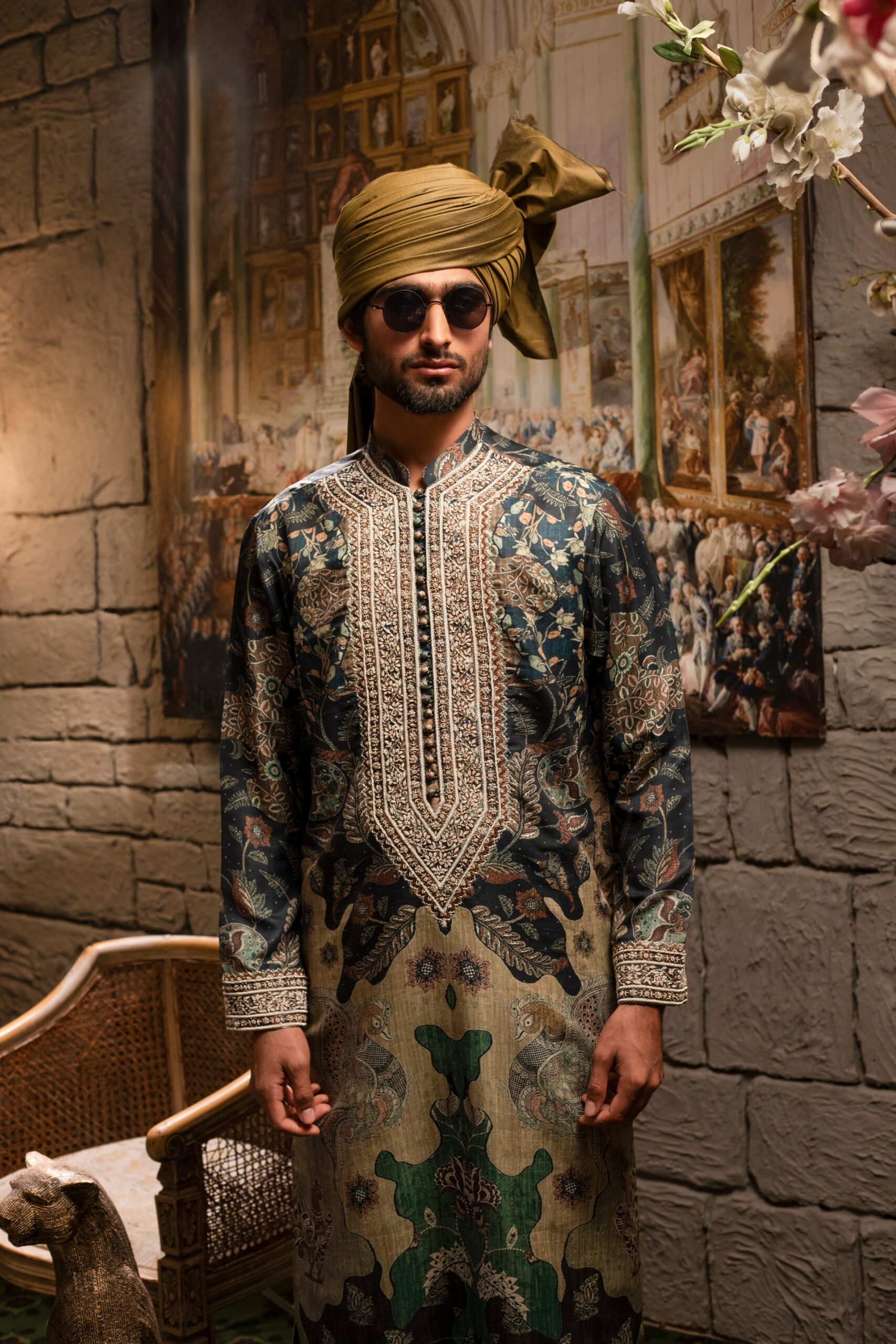 Verdant Green Hand-Knotted Embroidered Silk Kurta (2-Piece) - Image 3