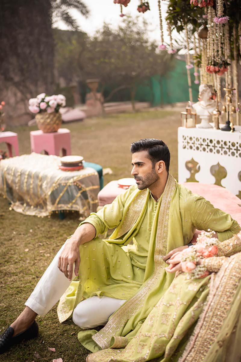 Pistachio Green Embroidered Raw Silk Kurta (3-Piece) - Image 1