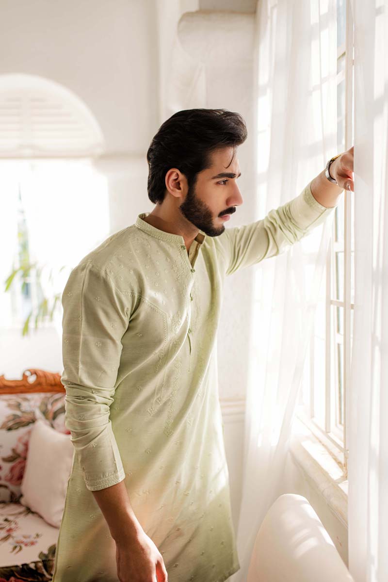 Pistachio Embroidered Raw Silk Kurta (2-Piece) - Image 1