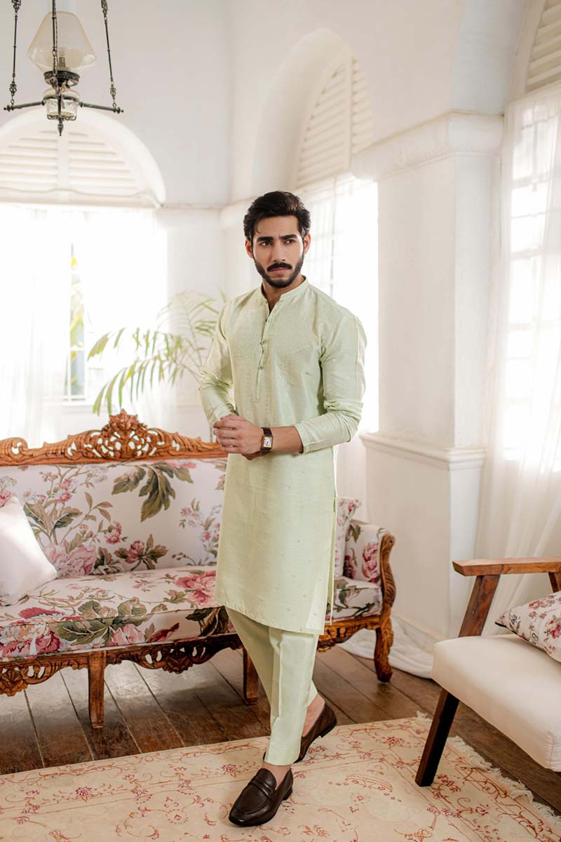 Pistachio Embroidered Raw Silk Kurta (2-Piece) - Image 2