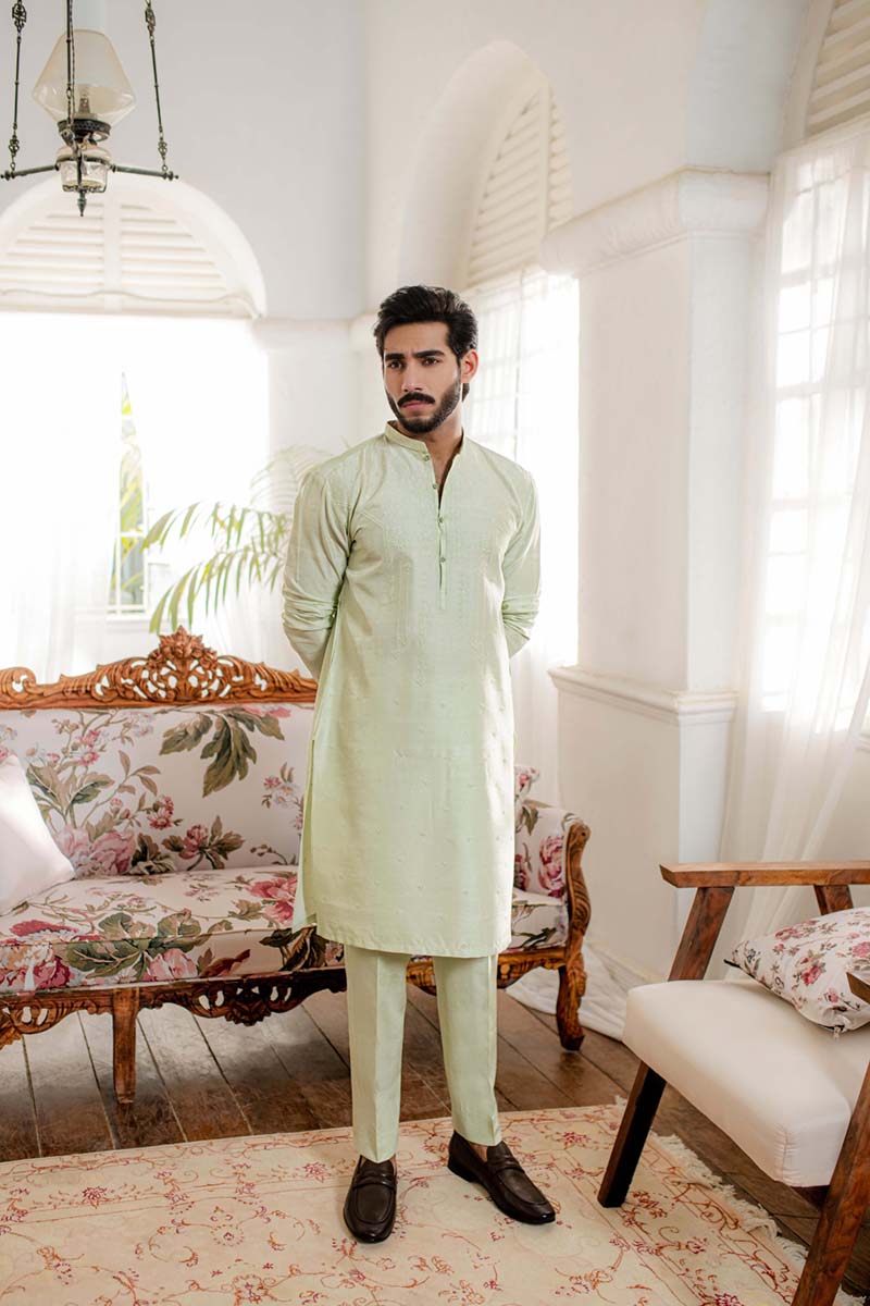 Pistachio Embroidered Raw Silk Kurta (2-Piece) - Image 3