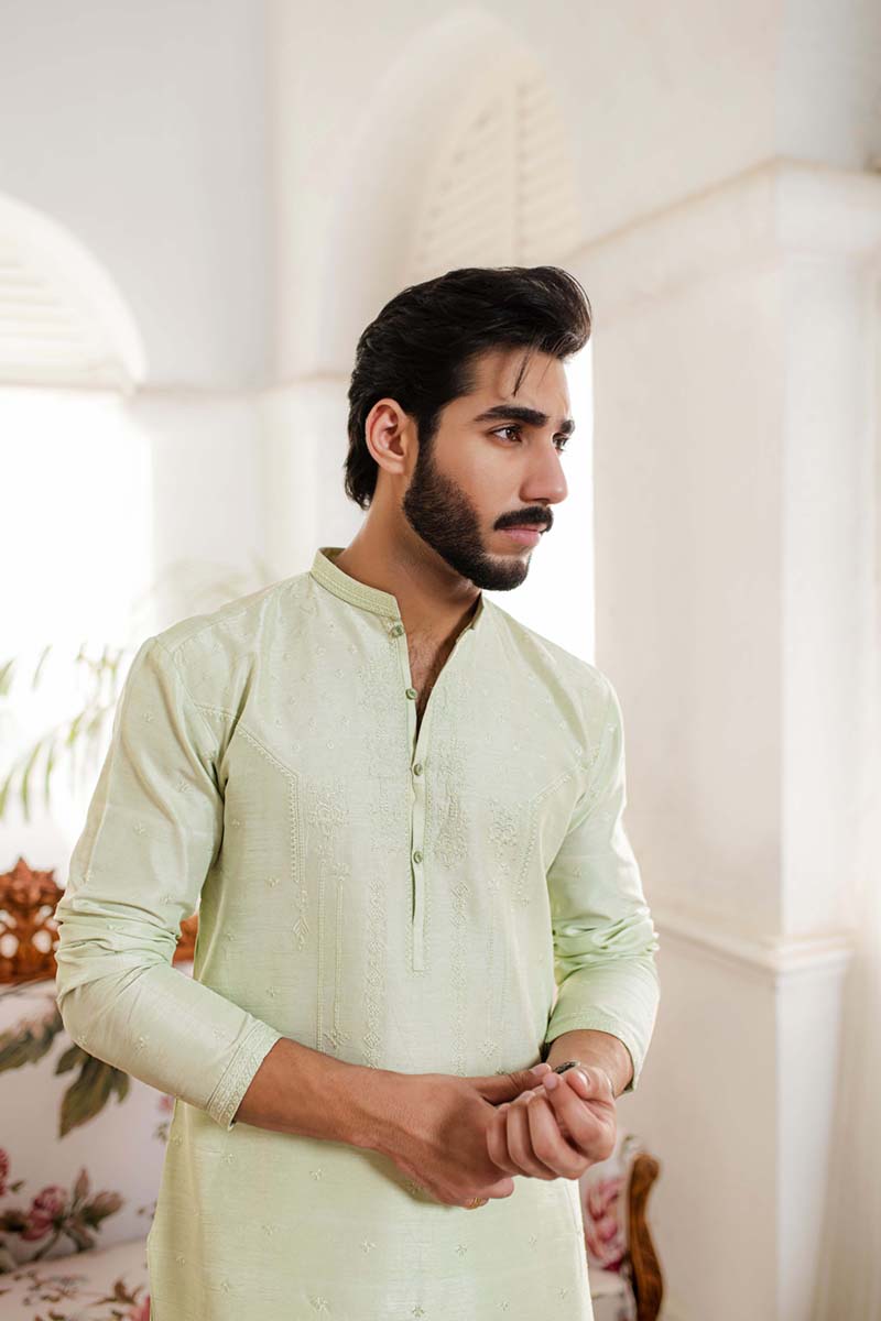 Pistachio Embroidered Raw Silk Kurta (2-Piece) - Image 4