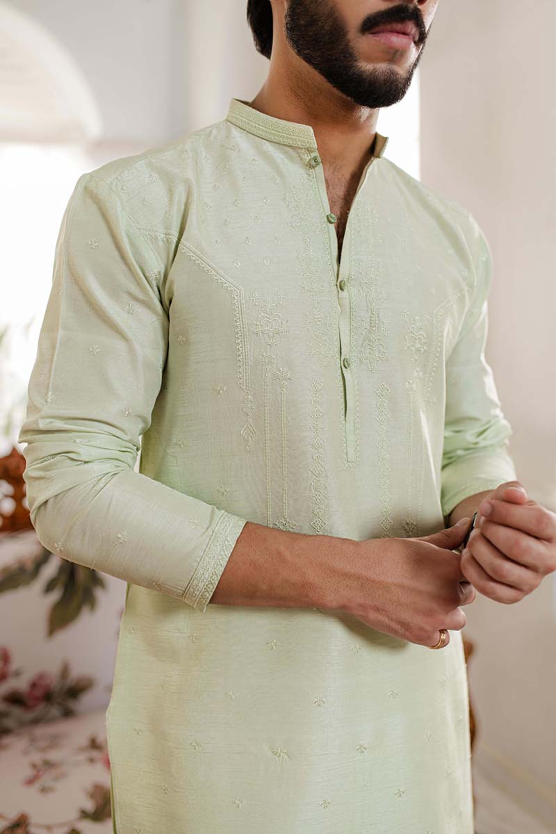 Pistachio Embroidered Raw Silk Kurta (2-Piece) - Image 5