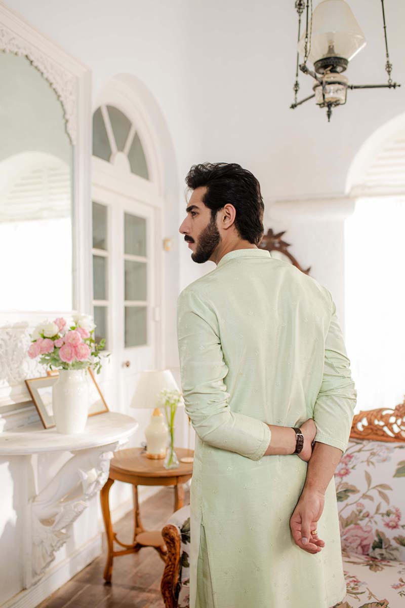 Pistachio Embroidered Raw Silk Kurta (2-Piece) - Image 6