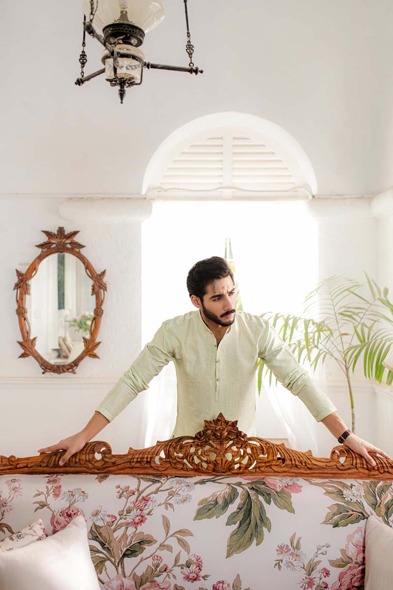 Pistachio Embroidered Raw Silk Kurta (2-Piece) - Image 7