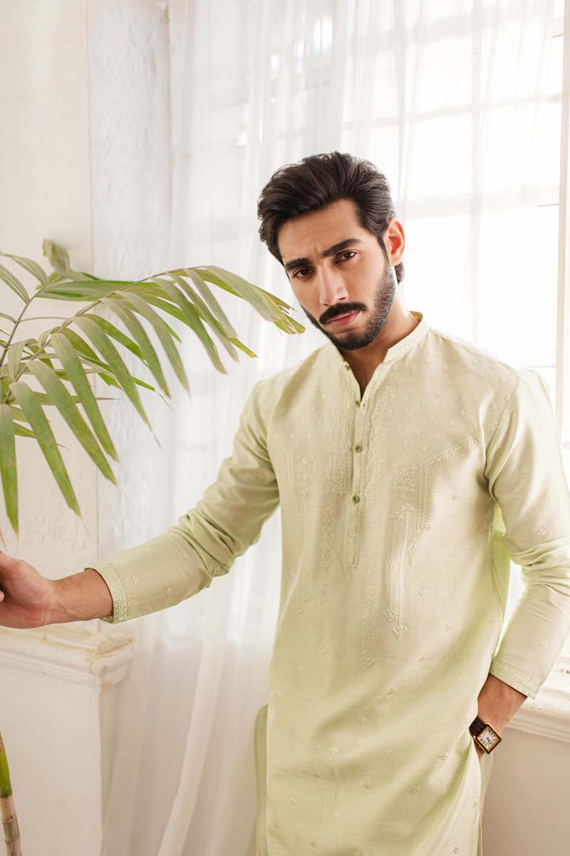 Pistachio Embroidered Raw Silk Kurta (2-Piece) - Image 8