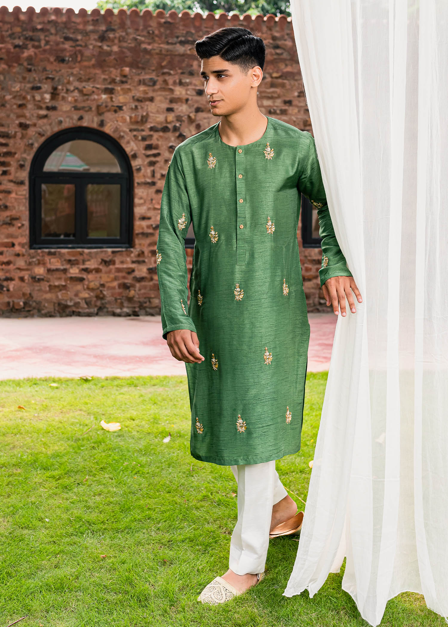 Olive Green Embroidered Korean Rawsilk Kurta (2-Piece) - Image 1
