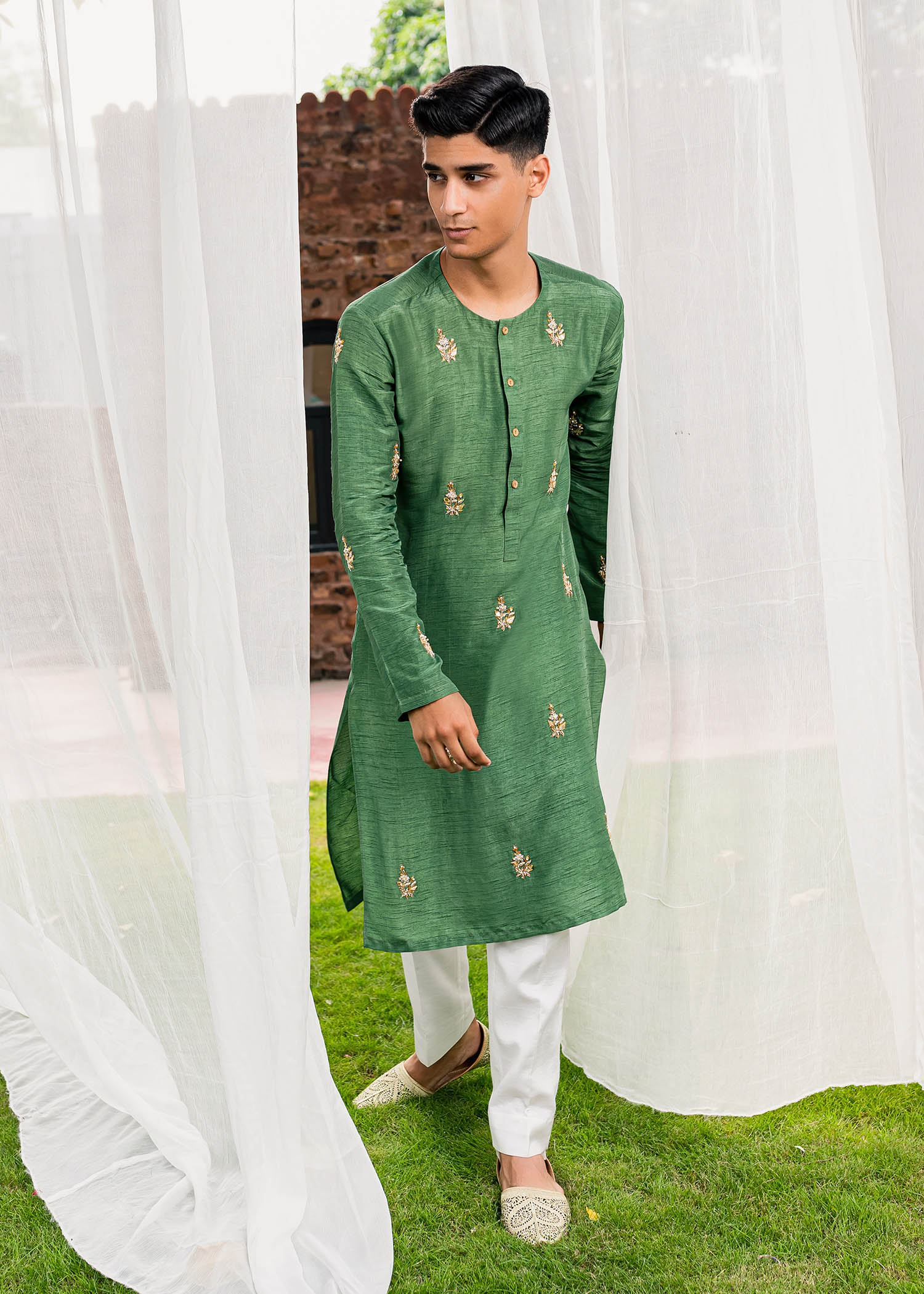 Olive Green Embroidered Korean Rawsilk Kurta (2-Piece) - Image 2