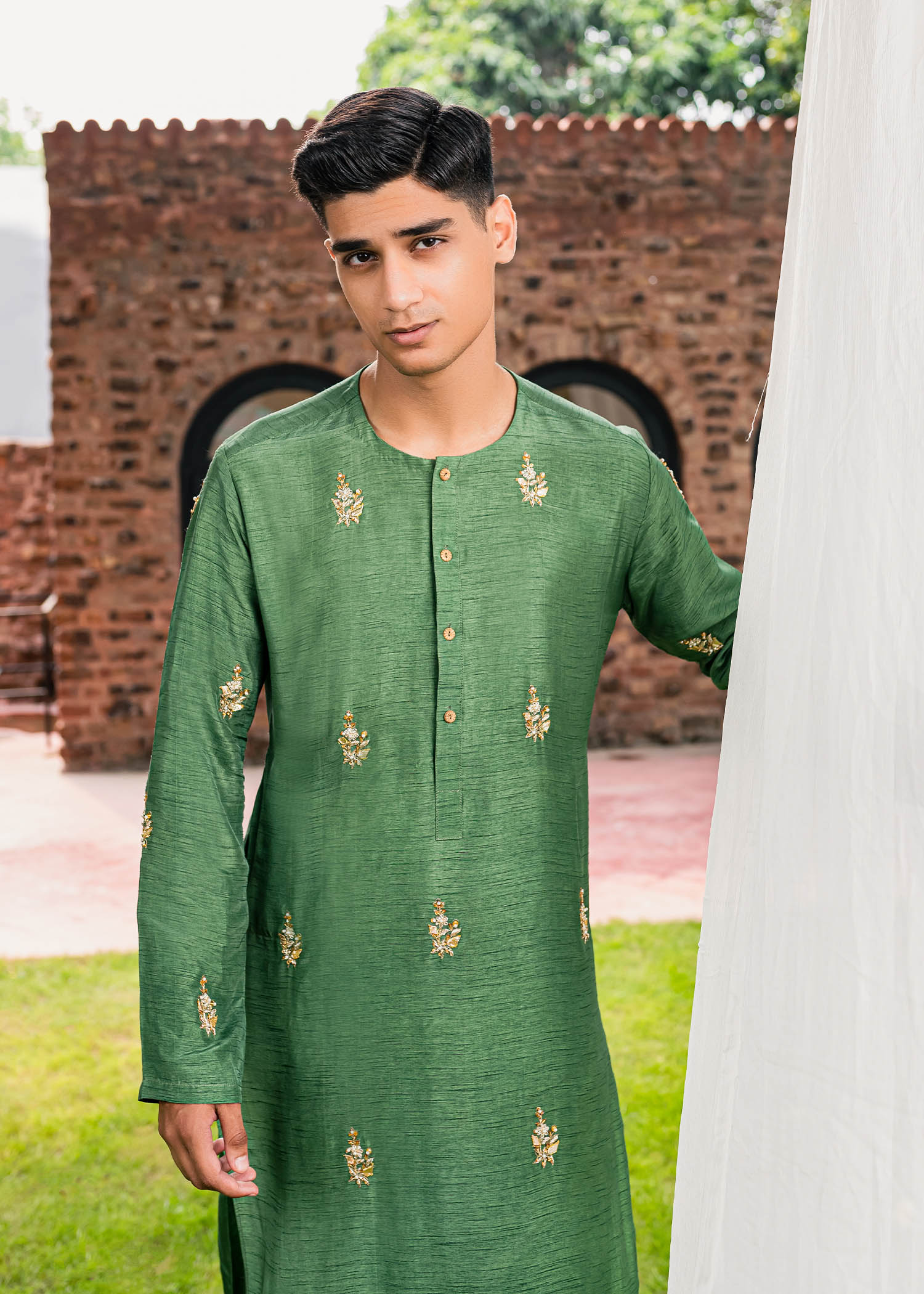 Olive Green Embroidered Korean Rawsilk Kurta (2-Piece) - Image 3
