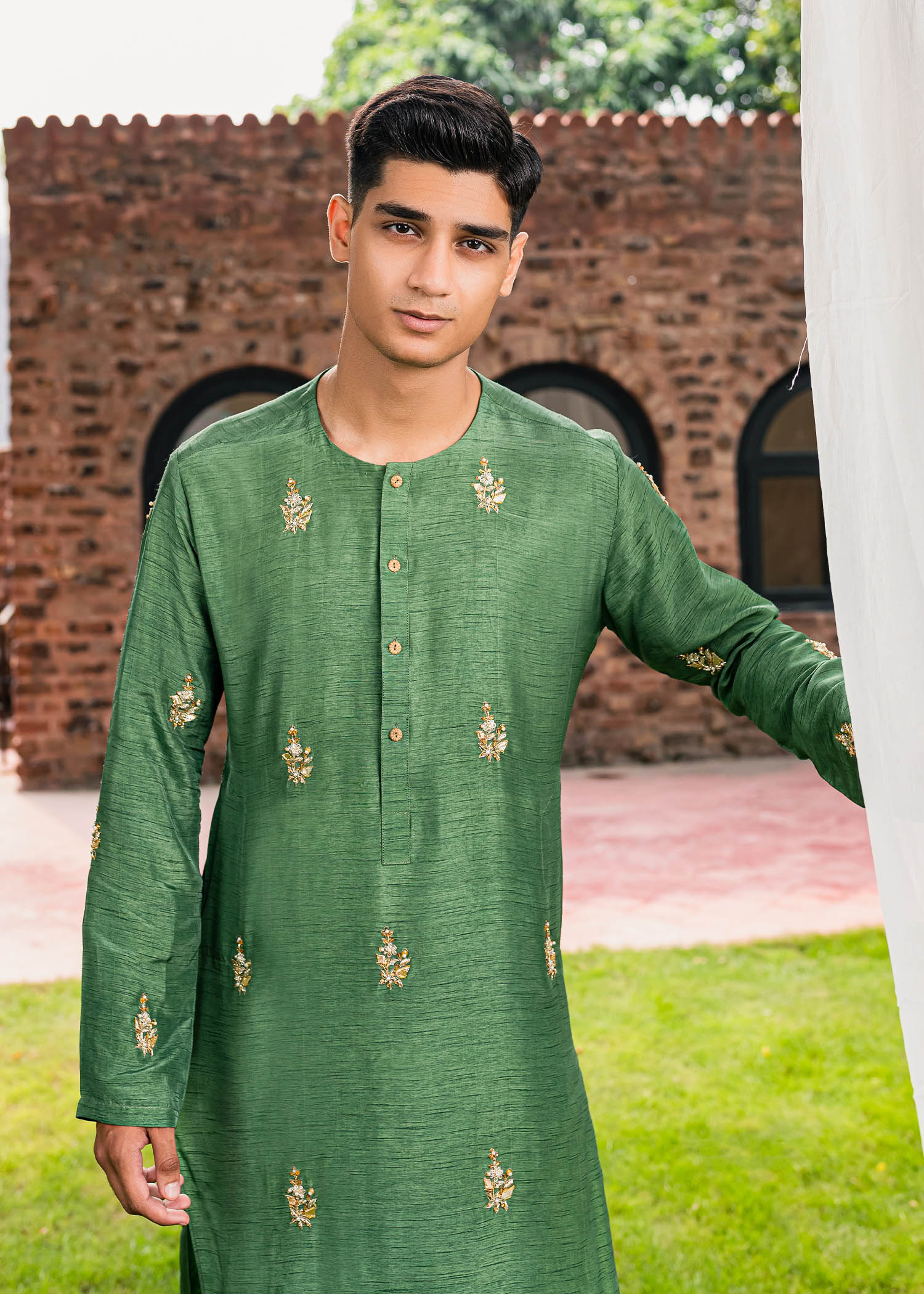 Olive Green Embroidered Korean Rawsilk Kurta (2-Piece) - Image 4