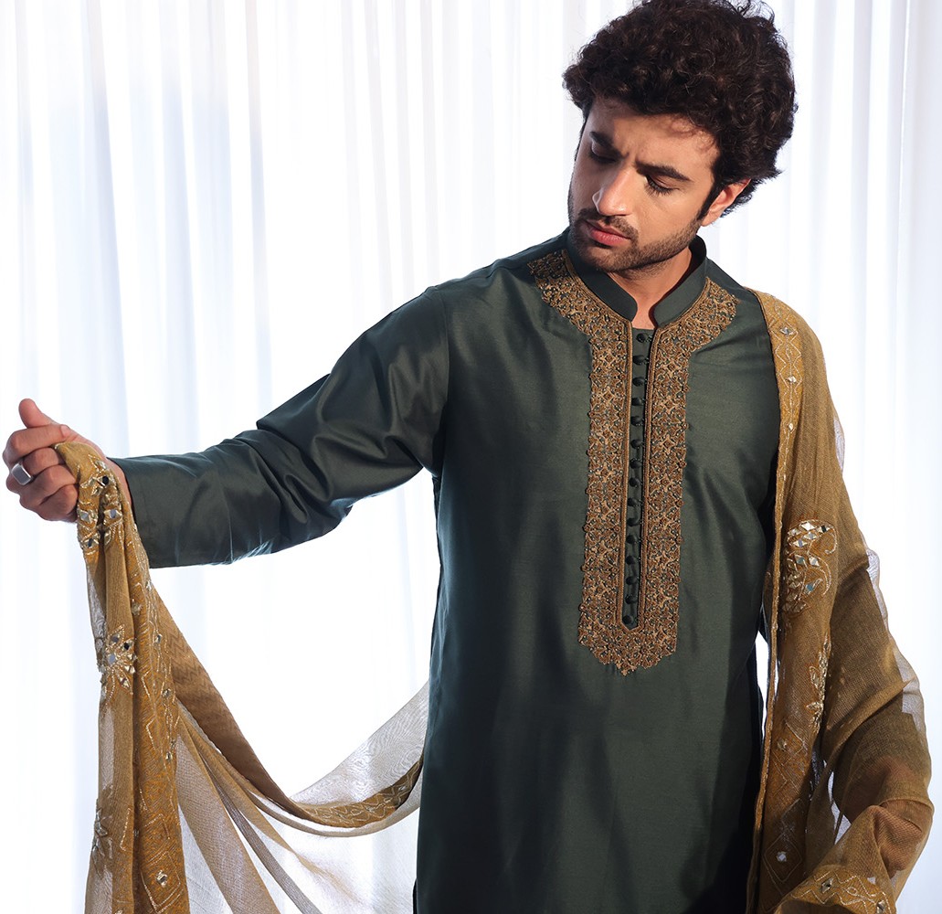 Phthalo Green Embroidered Silk-Blend Kurta (3-Piece) - Image 2