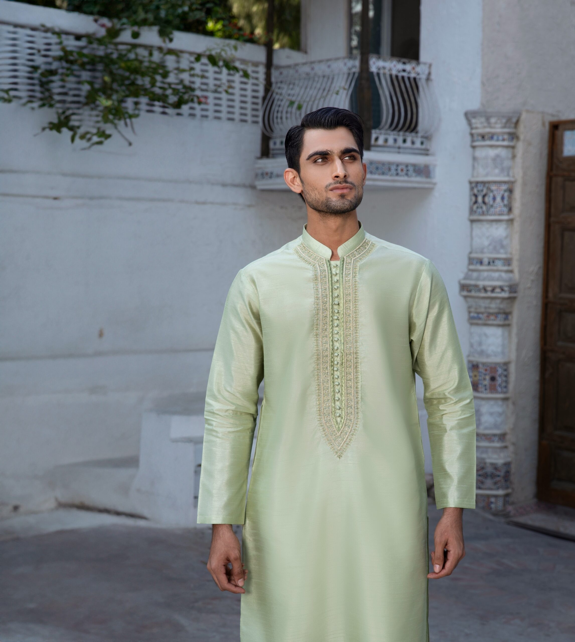 Pastel Green Embroidered Silk-Blend Kurta (2-Piece) - Image 2