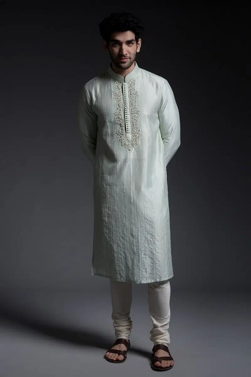 Sage Green Embroidered Silk Kurta (2-Piece) - Image 1