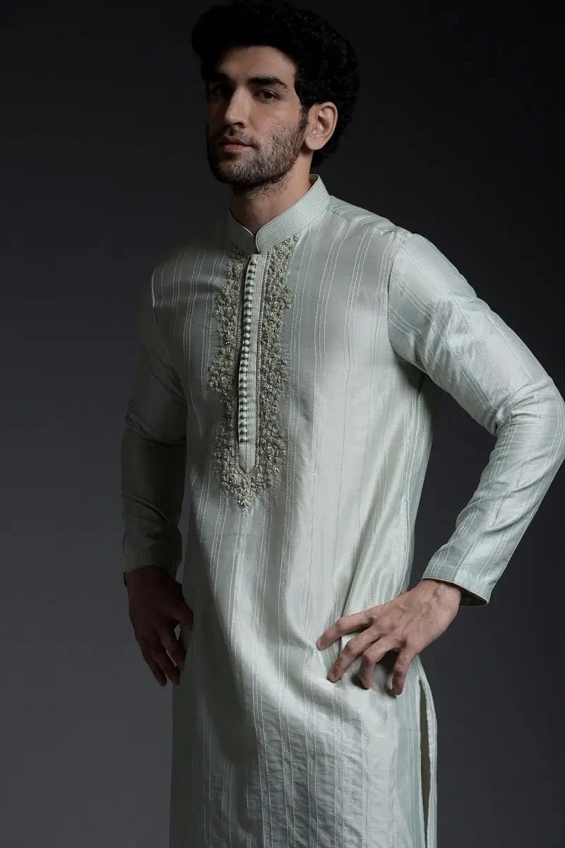 Sage Green Embroidered Silk Kurta (2-Piece) - Image 2
