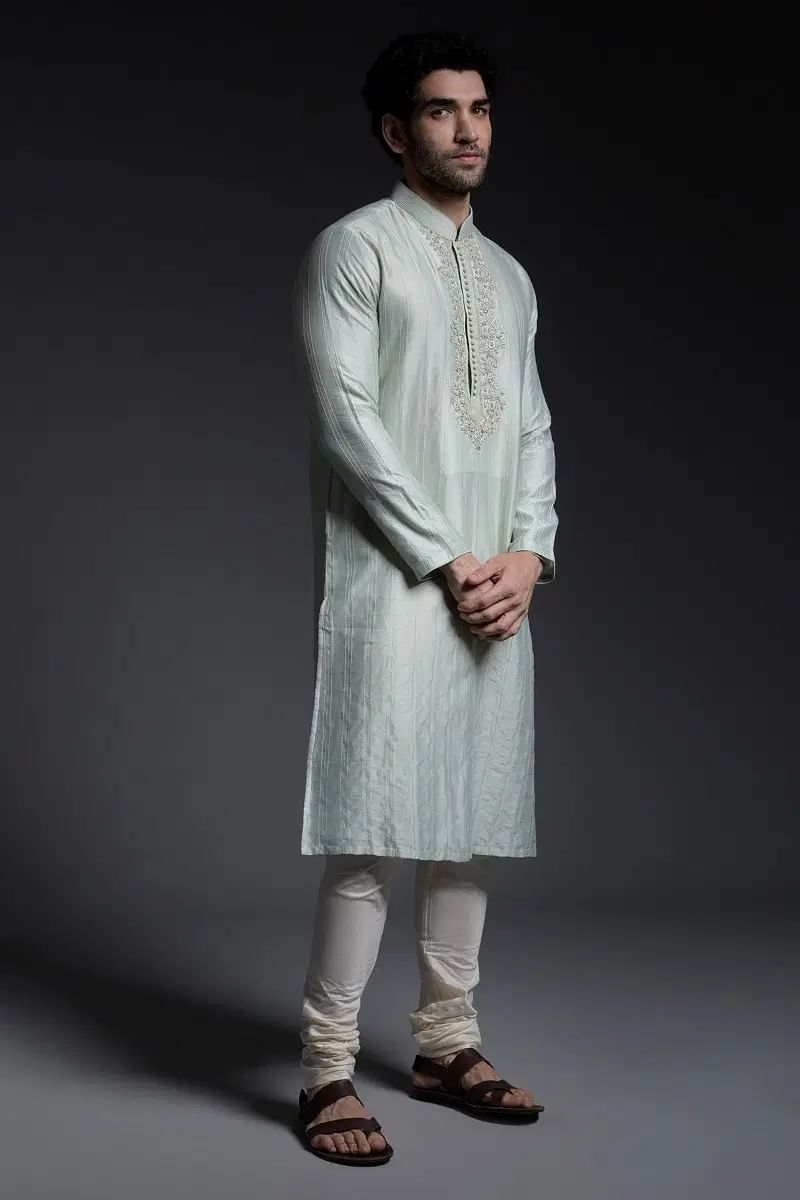 Sage Green Embroidered Silk Kurta (2-Piece) - Image 3