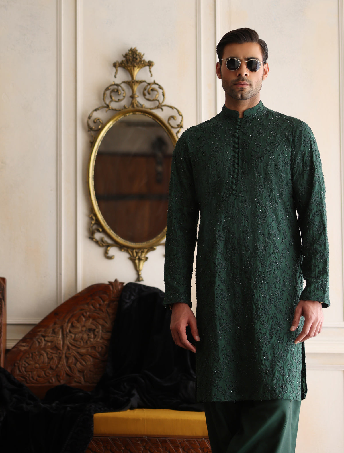 Deep Green Hand-Embroidered Textured Kurta (2-Piece) - Image 1
