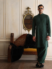 Deep Green Hand-Embroidered Textured Kurta (2-Piece) - Image 3