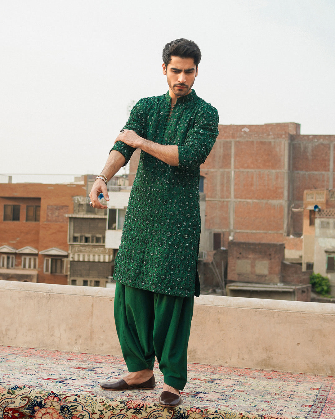 Emerald Green Embellished Karandi Shalwar Kameez (2-Piece) - Image 1
