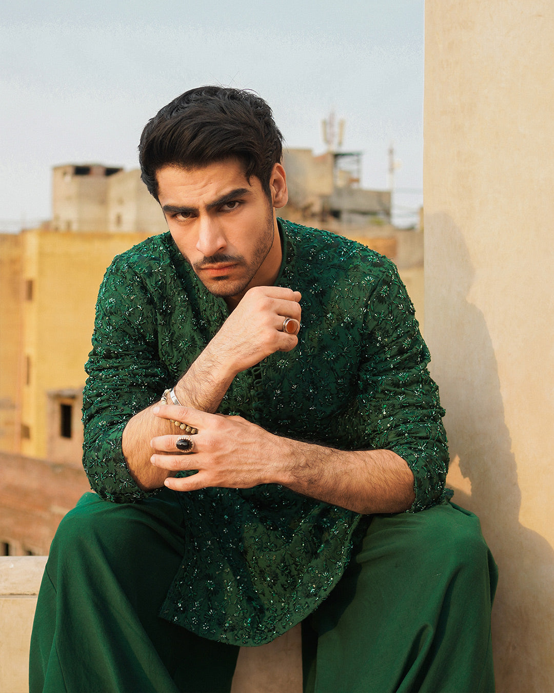 Emerald Green Embellished Karandi Shalwar Kameez (2-Piece) - Image 2
