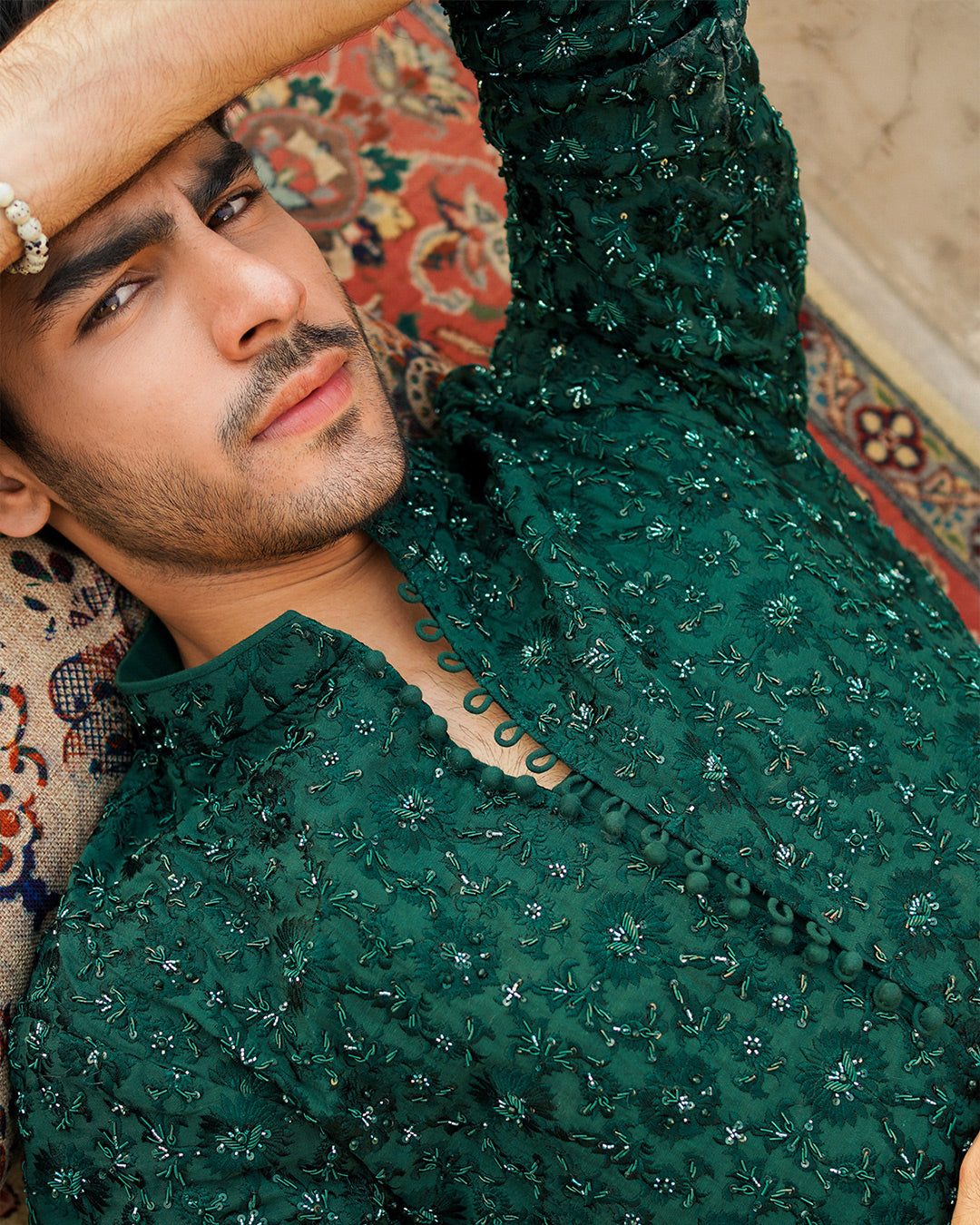 Emerald Green Embellished Karandi Shalwar Kameez (2-Piece) - Image 3