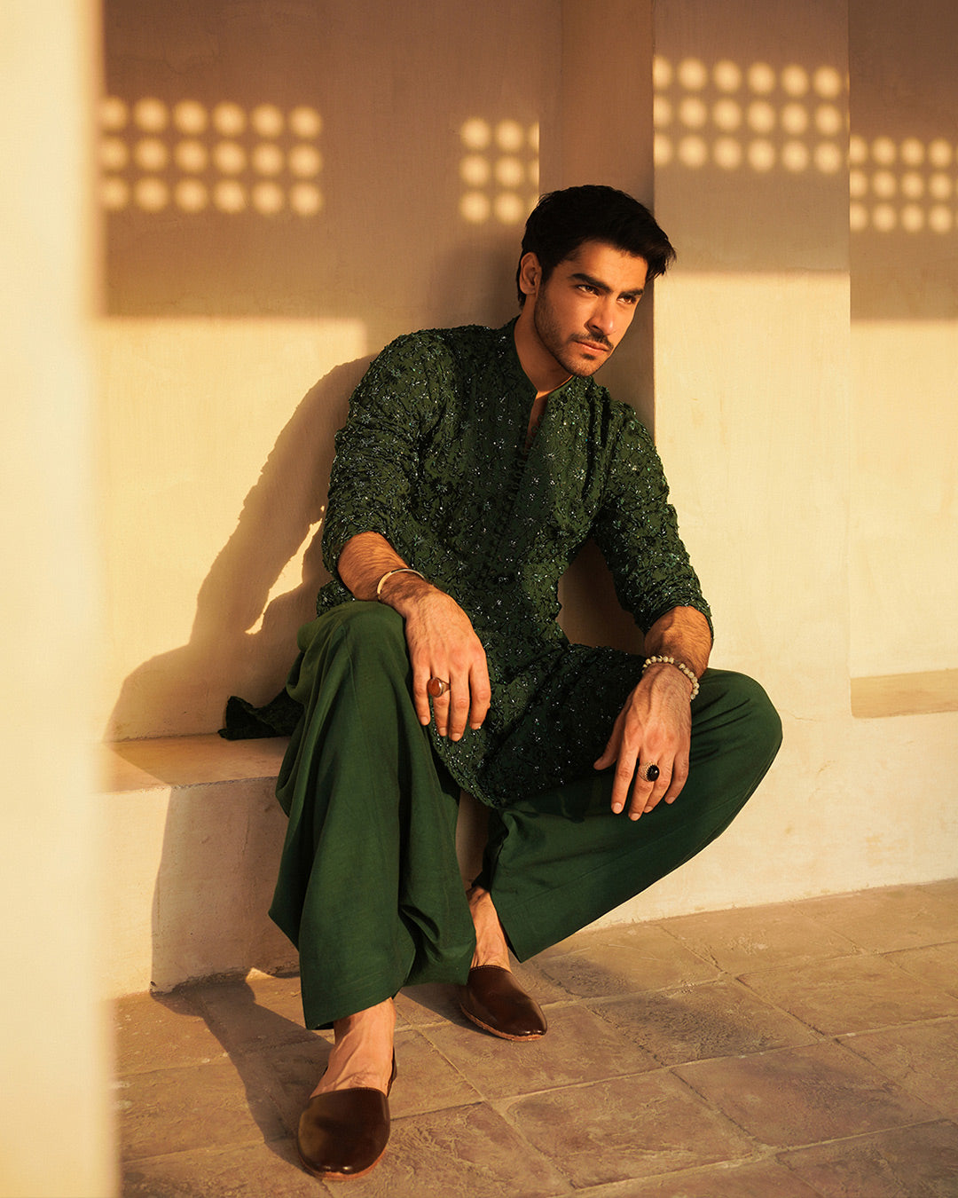 Emerald Green Embellished Karandi Shalwar Kameez (2-Piece) - Image 4