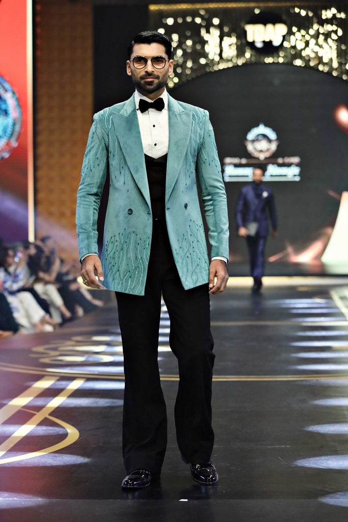 Mint Green Hand Embroidered Velvet Tuxedo (3-Piece) - Image 1