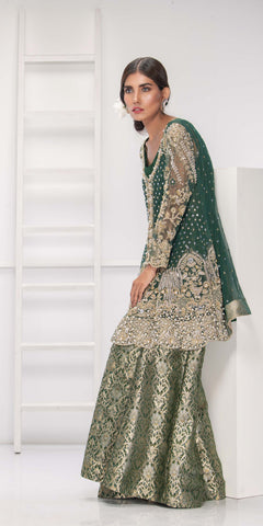 Pakistani Emerald Green Embroidered Net Peplum with Banarsi Dhaka Pajama (3-Piece) - Image 2