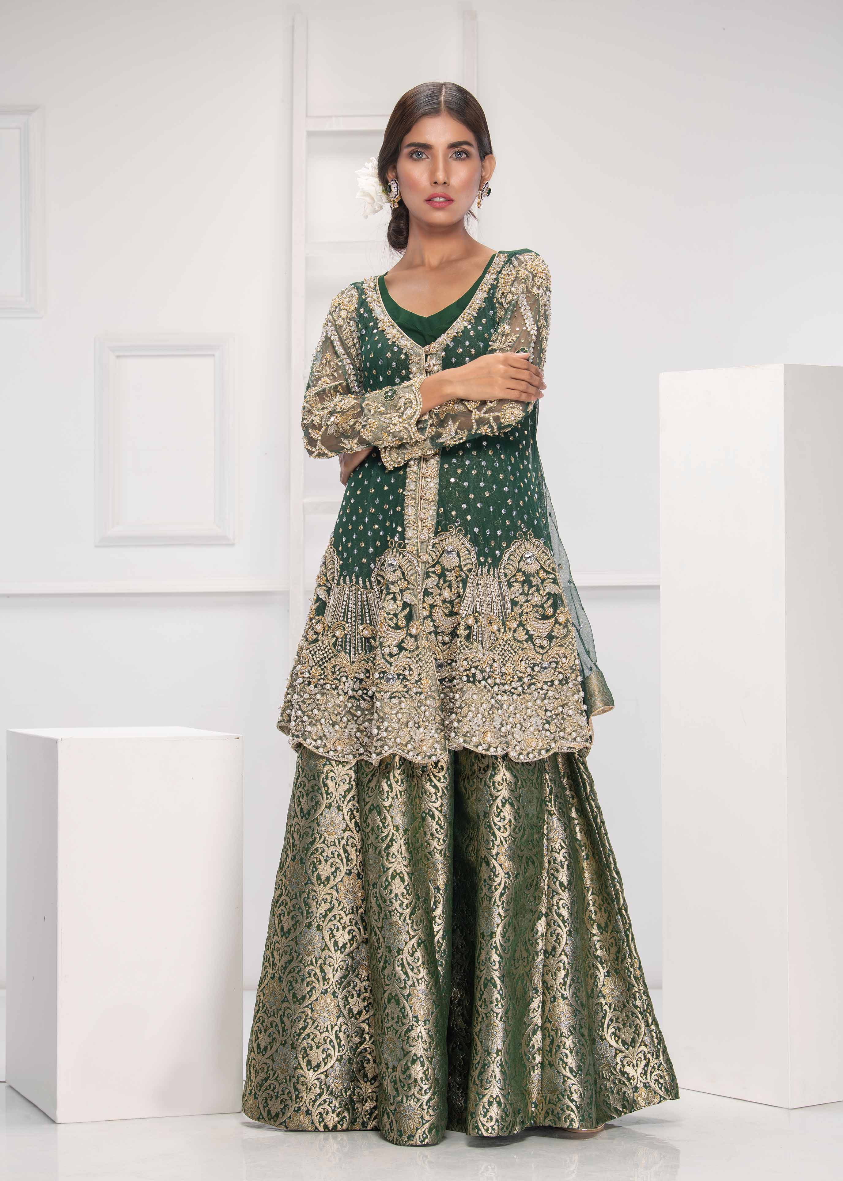 Pakistani Emerald Green Embroidered Net Peplum with Banarsi Dhaka Pajama (3-Piece) - Image 3