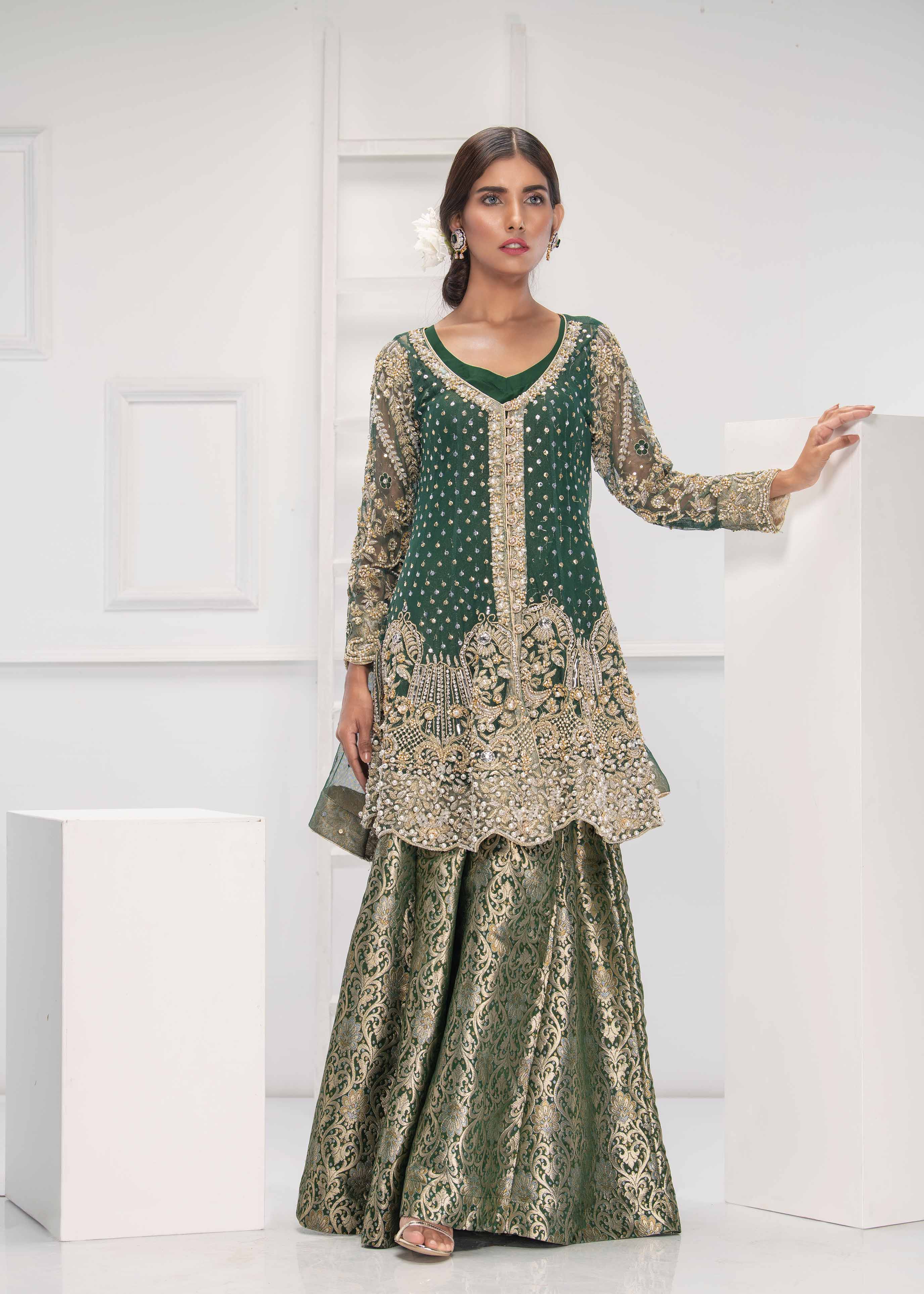 Pakistani Emerald Green Embroidered Net Peplum with Banarsi Dhaka Pajama (3-Piece) - Image 4
