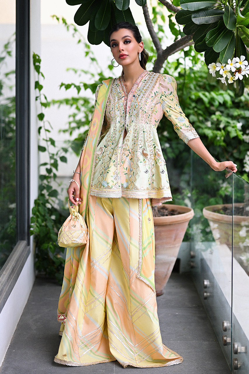 Pistachio Green Embroidered Khaddi Silk Peplum & Dhaka Pajama (3-Piece) - Image 1