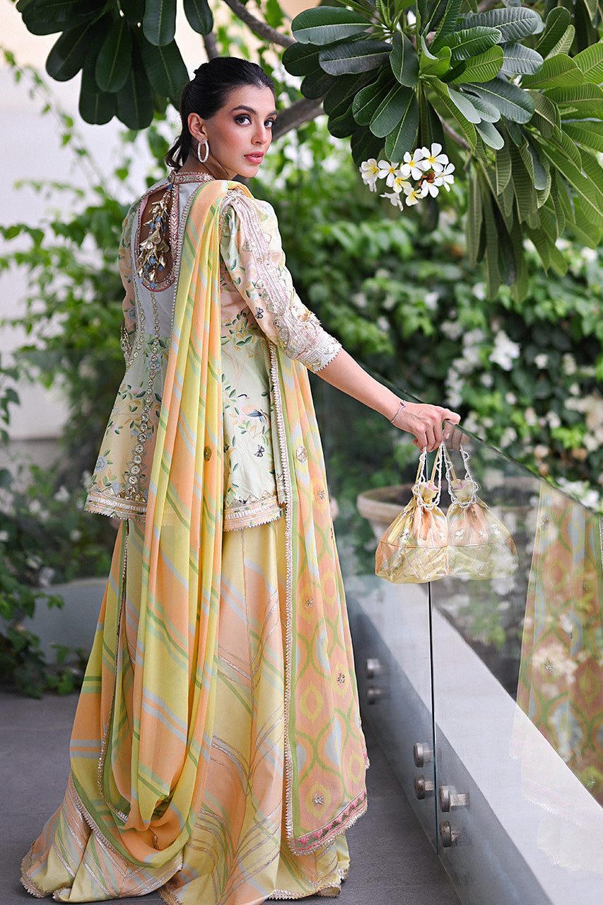 Pistachio Green Embroidered Khaddi Silk Peplum & Dhaka Pajama (3-Piece) - Image 2