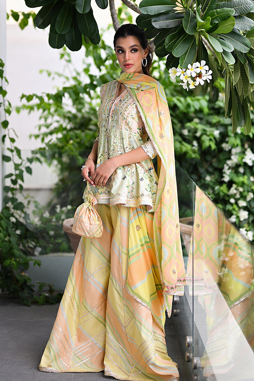Pistachio Green Embroidered Khaddi Silk Peplum & Dhaka Pajama (3-Piece) - Image 3