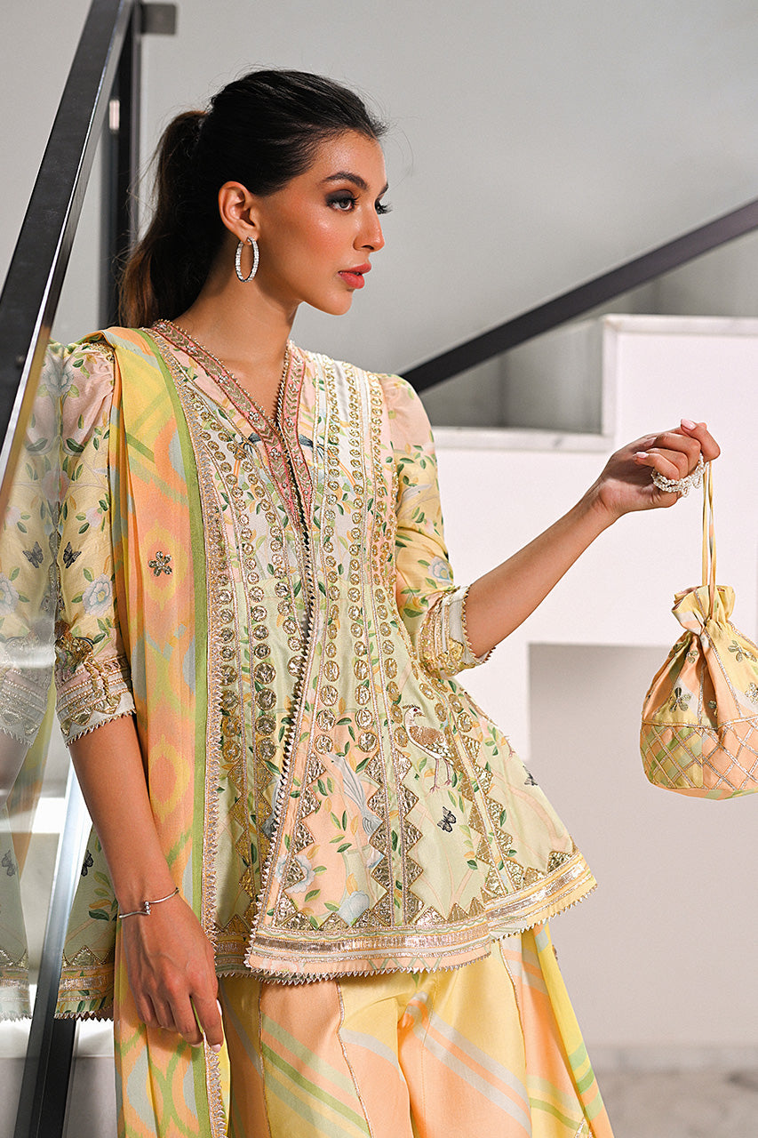 Pistachio Green Embroidered Khaddi Silk Peplum & Dhaka Pajama (3-Piece) - Image 4