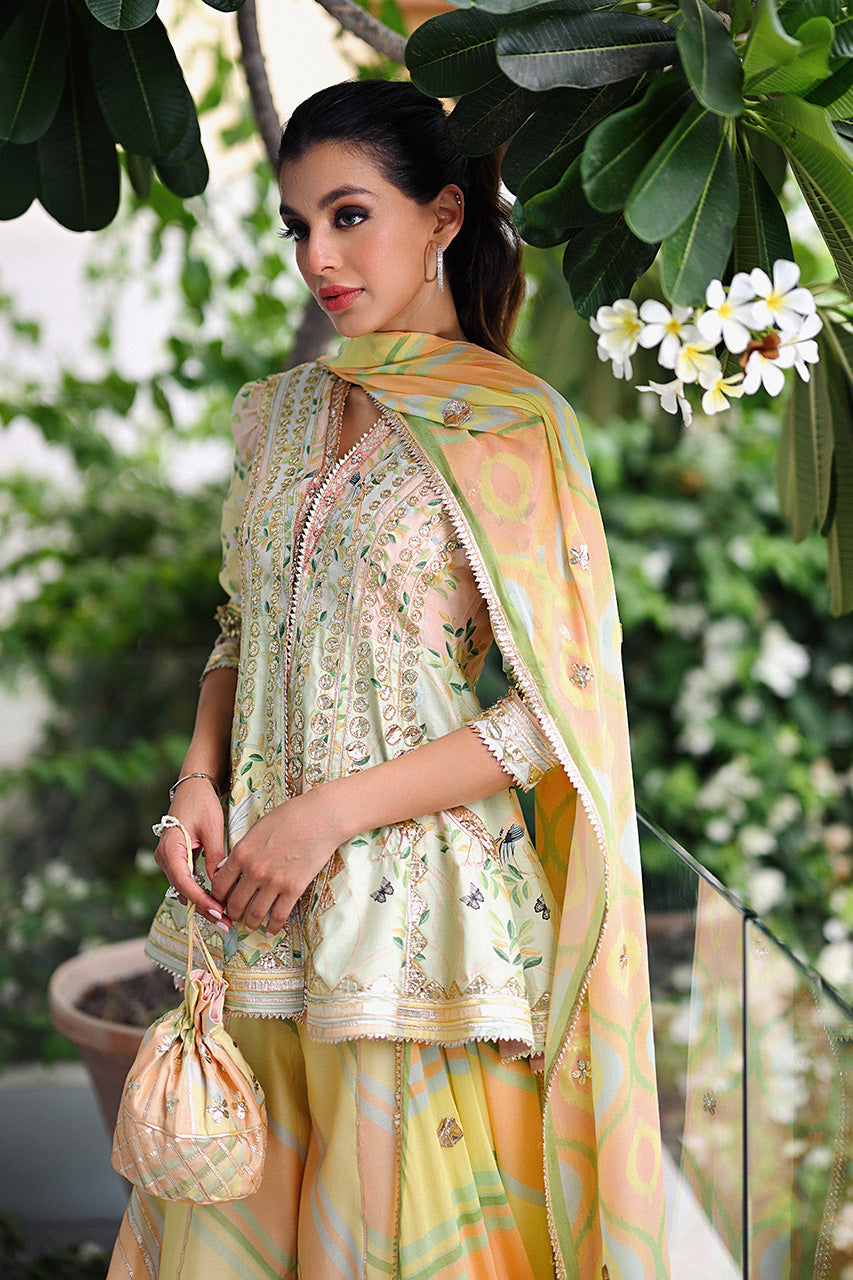 Pistachio Green Embroidered Khaddi Silk Peplum & Dhaka Pajama (3-Piece) - Image 5